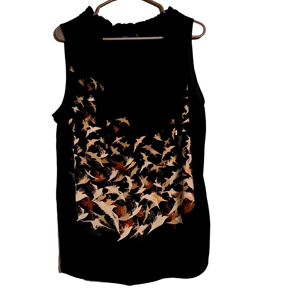 Apt 9 peach birds on black loose sleeveless blouse size XL Career